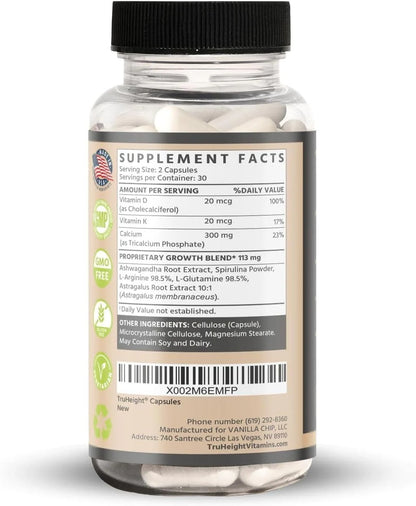 TruHeight Growth Capsules - Natural Growth & Development Supplement for Kids & Teens - Endorsed by Pediatricians - Vitamin D, K, Calcium & Ashwaganda - Bone Strength Capsules - Kids Vitamins - Ages 5+